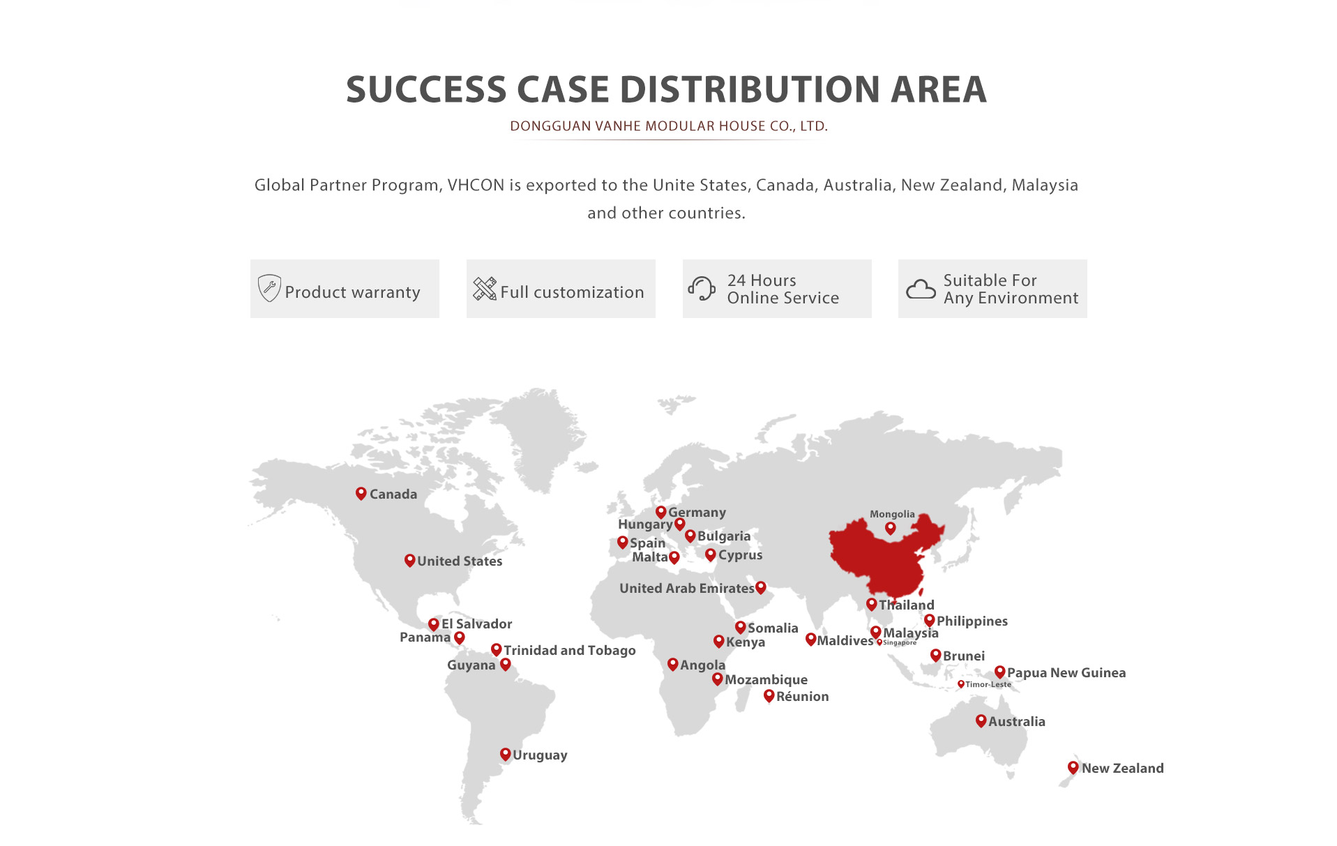 Global Partner Program, VHCON is exported to the Unite States, Canada, Australia, New Zealand, Malaysia and other countries.